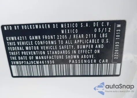 2012 Volkswagen Jetta 2.5L Se z USA, uszkodzony, nr VIN 3VWDP7AJ9CM461936